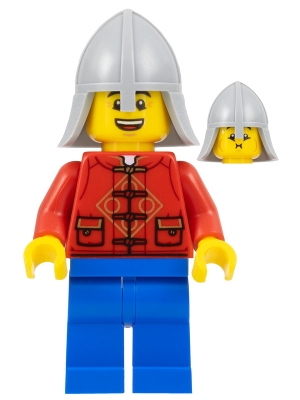Lunar New Year Parade Participant - Male, Red Tang Shirt, Blue Legs, Castle Guard Helmet with Neck Protector