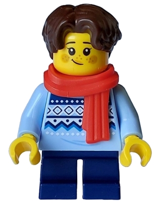 Child - Girl, Bright Light Blue Knit Fair Isle Sweater, Dark Blue Short Legs, Dark Brown Hair, Freckles, Red Scarf