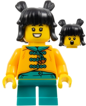 Child - Girl, Bright Light Orange Tang Jacket, Dark Turquoise Short Legs, Black Hair with Buns