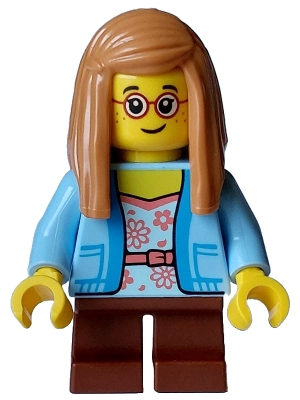 Child - Girl, Bright Light Blue Jacket over White Shirt with Coral Flowers, Reddish Brown Short Legs, Medium Nougat Hair Long, Red Glasses