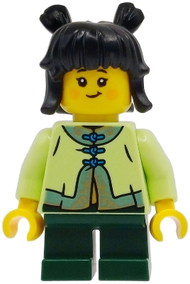 Child - Girl, Yellowish Green Tang Jacket, Dark Green Short Legs, Black Hair with Buns