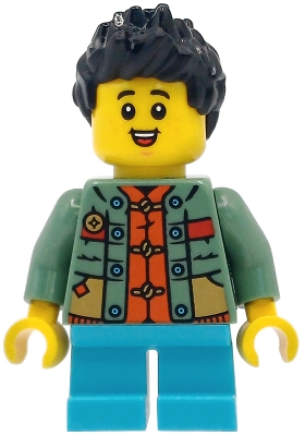 Child - Boy, Sand Green Sweater over Reddish Orange Tang Jacket, Medium Azure Short Legs, Black Spiked Hair