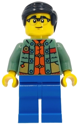 Man - Sand Green Sweater over Reddish Orange Tang Jacket, Blue Legs, Black Smooth Hair