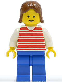 Horizontal Lines Red - White Arms - Blue Legs, Brown Female Hair