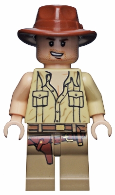 Indiana Jones - Tan Open Collar Shirt, Reddish Brown Fedora, Open Mouth Lopsided Grin