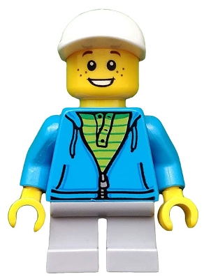 Boy, White Cap, Dark Azure Hoodie, Lime Shirt