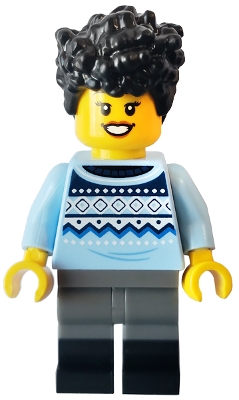 Camper - Female, Bright Light Blue Knit Fair Isle Sweater, Dark Bluish Gray Legs with Black Boots, Black Hair