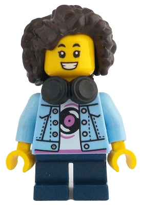 Child - Girl, Bright Light Blue Denim Jacket over Shirt with Record, Dark Blue Short Legs, Dark Brown Short Hair with Curls and Corn Rows, Black Headphones