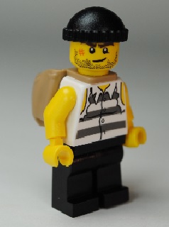 Police - Jail Prisoner Shirt with Prison Stripes and Torn out Sleeves, Black Legs, Black Knit Cap, Open Backpack