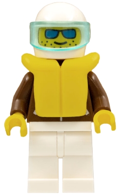 Jacket Brown - White Legs, White Helmet, Trans-Light Blue Visor, Blue Sunglasses, Life Jacket
