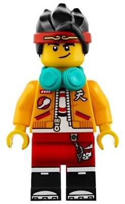 Monkie Kid - Bright Light Orange Open Jacket, Dark Turquoise Headphones, Smirk / Angry