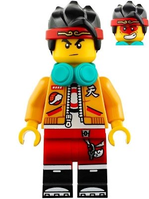 Monkie Kid - Bright Light Orange Open Jacket, Dark Turquoise Headphones, Neutral / Angry with Red Face Paint