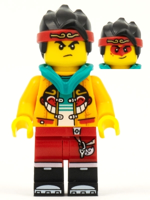 Monkie Kid - Bright Light Orange Open Jacket with Monkey Head Logo, Dark Turquoise Hood, Angry / Smile with Red Face Paint
