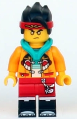 Monkie Kid - Bright Light Orange Open Jacket with Monkey Head Logo, Dark Turquoise Hood, Gold Eyes