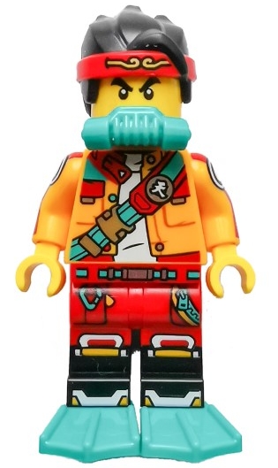 Monkie Kid - Bright Light Orange Open Jacket with Shoulder Strap, Dark Turquoise Scuba Breathing Regulator and Flippers, Frown