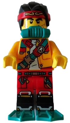 Monkie Kid - Bright Light Orange Open Jacket with Shoulder Strap, Dark Turquoise Scuba Breathing Regulator and Flippers, Open Mouth