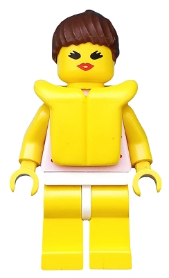 Red Dots on Pink Shirt - Yellow Legs, Brown Ponytail Hair, Life Jacket