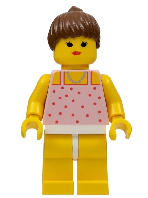 Red Dots on Pink Shirt - Yellow Legs, Brown Ponytail Hair, Closed Mouth