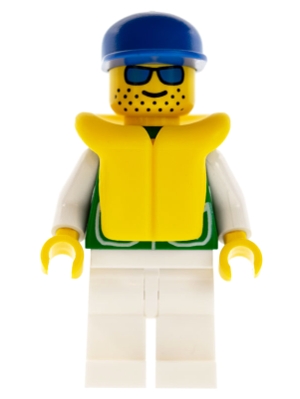 Jacket Green with 2 Large Pockets - White Legs, Blue Cap, Life Jacket