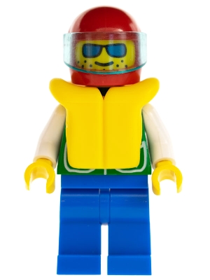 Jacket Green with 2 Large Pockets - Blue Legs, Sunglasses, Red Helmet, Trans-Light Blue Visor, Life Jacket