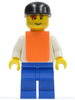 F1 Race Camera Operator - Male, White Torso, Blue Legs, Black Cap, Orange Vest