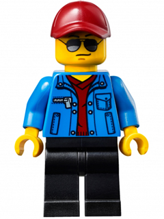Race Official - Male, Blue Jacket over Dark Red V-Neck Sweater, Black Legs, Dark Red Cap with Hole, Sunglasses