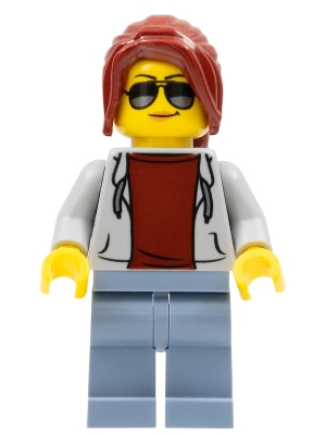 Race Marshal - Female, Light Bluish Gray Hoodie over Dark Red Shirt, Sand Blue Legs, Dark Red Ponytail Long with Side Bangs, Sunglasses and Medium Nougat Lips