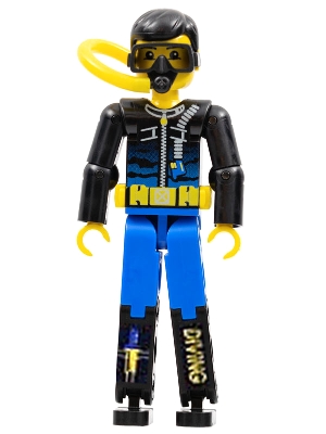 Technic Figure Blue Legs, Black Top with Zippered Wetsuit for Diver, Knife, and 'DIVING' Pattern (Stickers) - Air Tank, Hose, and Mask