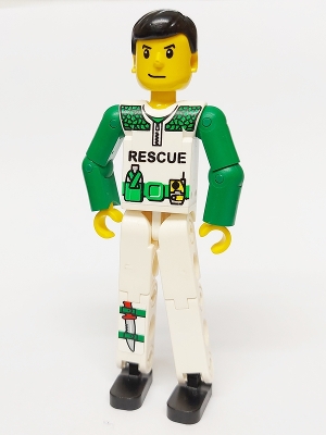 Technic Figure White Legs, White Torso with Black 'RESCUE' and Green Belt, Green Arms - With Sticker