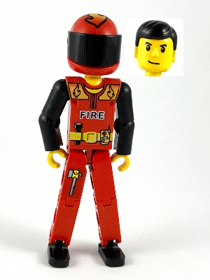 Technic Figure Red Legs, Red Top with Black 'FIRE', Black Arms (Fireman), Red Helmet with Flame, Black Visor - With Sticker