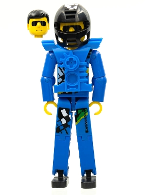 Technic Figure Blue Legs, Blue Top with Chest Plate, Black Hair, Black Helmet - With Stickers