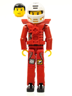 Technic Figure Red Legs, Red Top with Chest Plate, Black Hair, White Helmet - With Stickers