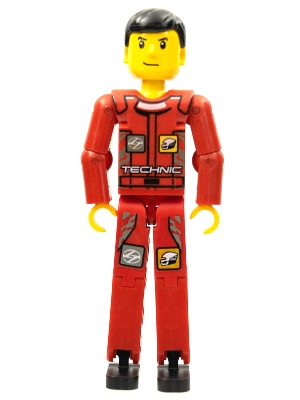Technic Figure Red Legs, Red Top with Technic Logo, Black Hair - with Stickers