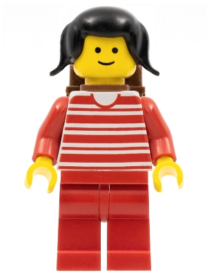 Horizontal Lines Red - Red Arms - Red Legs, Black Pigtails Hair, Brown Backpack