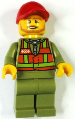 Train Driver - Orange Safety Vest with Lime Straps, Olive Green Legs, Red Cap with Hole, Beard Dark Tan Angular