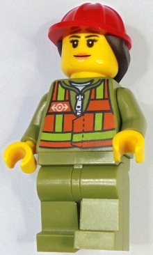 Train Worker - Female, Orange Safety Vest with Lime Straps, Olive Green Legs, Red Construction Helmet with Dark Brown Ponytail Hair