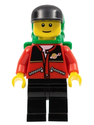 Red Jacket with Zipper Pockets and Classic Space Logo, Black Legs, Black Cap, Green Backpack with Sleeping Bag