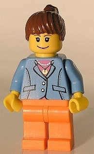 Medium Blue Jacket, Orange Legs, Reddish Brown Ponytail Hair