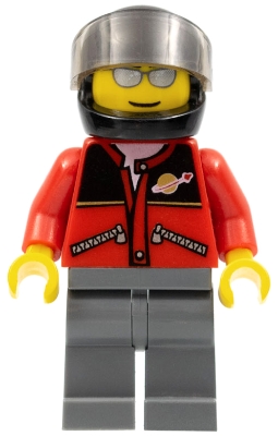 Red Jacket with Zipper Pockets and Classic Space Logo, Dark Bluish Gray Legs, Black Helmet, Silver Sunglasses