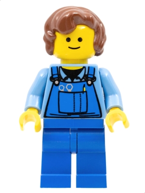 Overalls with Tools in Pocket Blue, Reddish Brown Hair Female Short Curled Ends