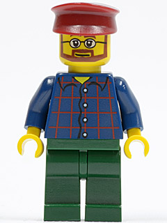 Plaid Button Shirt, Dark Green Legs, Dark Red Hat, Glasses, Reddish Brown Beard (Carousel Operator)