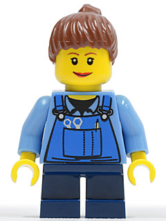 Overalls with Tools in Pocket Blue, Reddish Brown Ponytail Hair, Lipstick, Dark Blue Short Legs