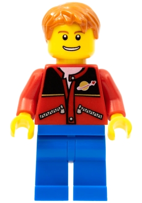Red Jacket with Zipper Pockets and Classic Space Logo, Blue Legs, Dark Orange Short Tousled Hair