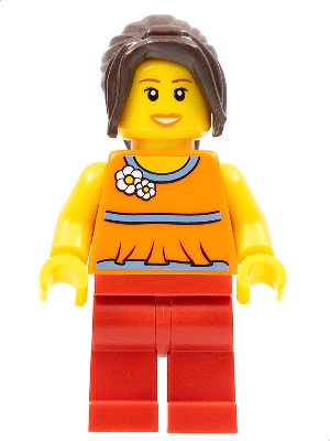 Orange Halter Top with Medium Blue Trim and Flowers Pattern, Red Legs, Dark Brown Hair Ponytail Long with Side Bangs