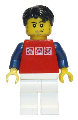 Red Shirt with 3 Silver Logos, Dark Blue Arms, White Legs, Black Short Tousled Hair