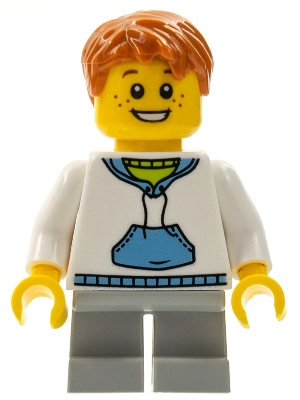 Child - Boy, White Hoodie with Medium Blue Pocket, Light Bluish Gray Short Legs, Dark Orange Tousled Hair, Freckles