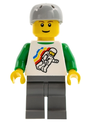 Classic Space Minifigure Floating Pattern, Dark Bluish Gray Legs, Sports Helmet