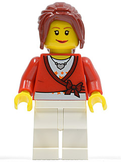 Sweater Cropped with Bow, Heart Necklace, White Legs, Dark Red Hair Ponytail Long with Side Bangs