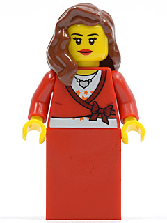 Sweater Cropped with Bow, Heart Necklace, Red Skirt, Reddish Brown Female Hair over Shoulder, Eyelashes and Smile
