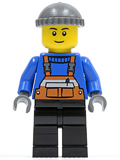 Overalls with Safety Stripe Orange, Black Legs, Dark Bluish Gray Knit Cap, Black Eyebrows, Thin Grin